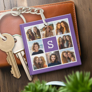 Aubergine and White Photo Collage Custom Monogram Key Ring