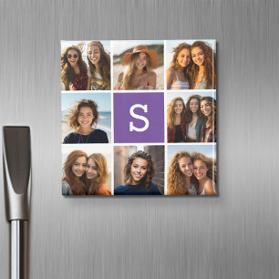 Aubergine and White Photo Collage Custom Monogram Magnet
