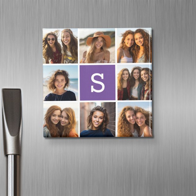 Aubergine and White Photo Collage Custom Monogram Magnet (Personalized fridge magnet with photos and custom text)
