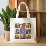 Aubergine and White Photo Collage Custom Monogram Tote Bag<br><div class="desc">You can use Instagram photos for this design. Use 8 square photos to create a unique and personal gift. Or you can keep the hipster puppy and make a trendy keepsake. If you need to adjust the pictures,  click on the customise tool to make changes.</div>