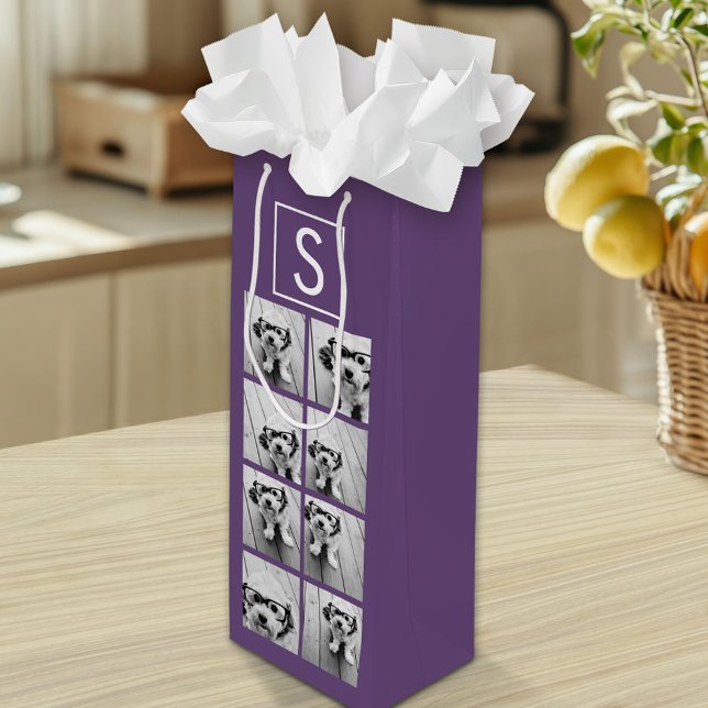 Aubergine and White Photo Collage Custom Monogram Wine Gift Bag (Custom Gift Bag with Multiple Photos)