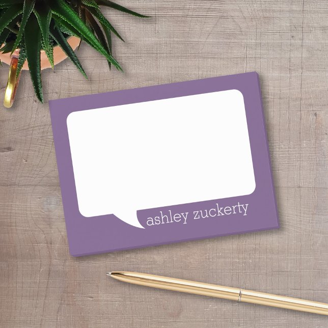 Aubergine and White Talk Bubble Personalised Name Post-it Notes (A fun talk bubble design for a personalized post-it notepad. Add your name for a fun office gift.)
