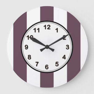 Aubergine Eggplant and White XL Stripes Pattern Large Clock