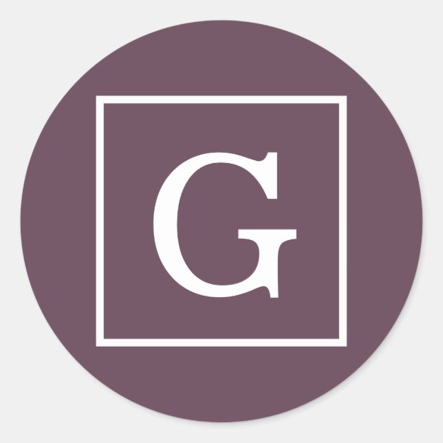 Aubergine Eggplant White Framed Initial Monogram Classic Round Sticker (Front)