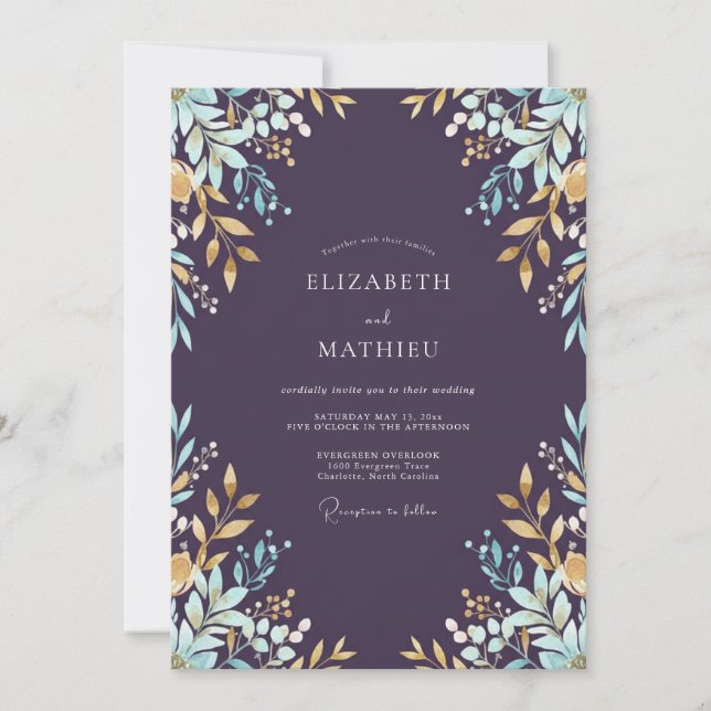 Aubergine Gold Leaf Wedding Invitation (Front)