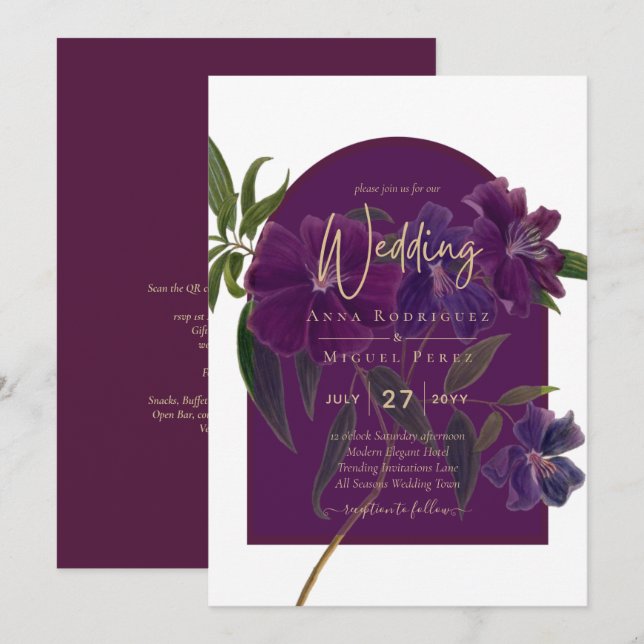 Aubergine Plum Purple Floral Forest Green Wedding Invitation (Front/Back)