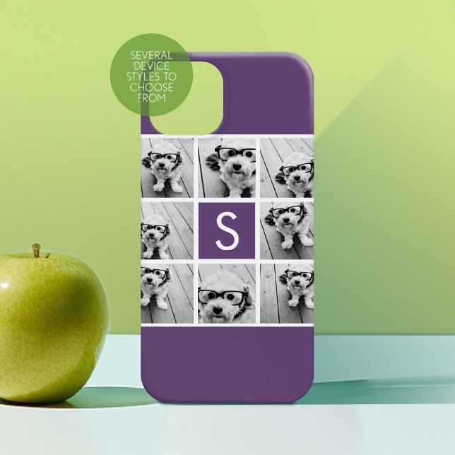 Aubergine Purple and White Photo Collage Monogram Case-Mate iPhone Case (Personalized Phone Case with Custom Photos Text - Choose a Device Style)