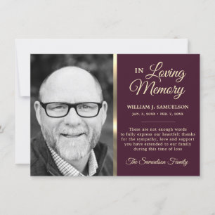 Aubergine Sympathy Funeral Memory THANK YOU Photo Card