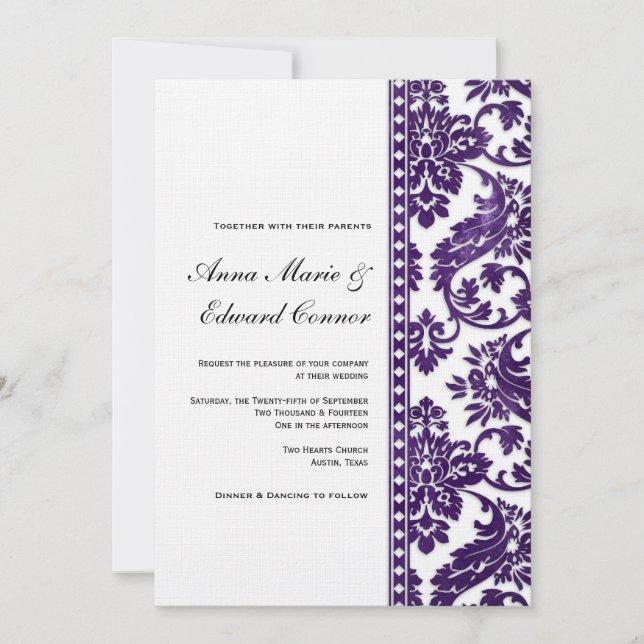 Aubergine Vintage Damask Lace Wedding Invitation (Front)