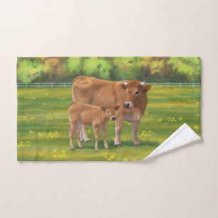 Aubrac Cow & Cute Calf in Spring Pasture Bath Towel Set