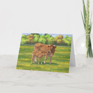 Aubrac Cow & Cute Calf in Spring Pasture Card