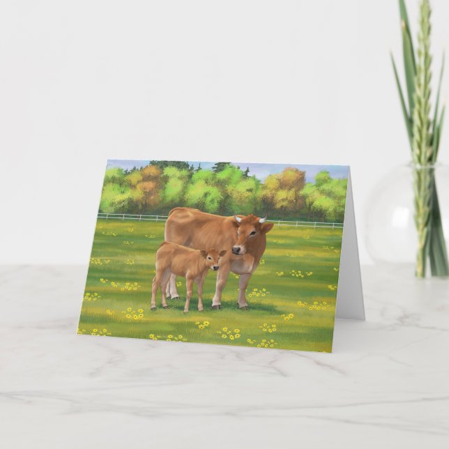 Aubrac Cow & Cute Calf in Spring Pasture Card (Front)