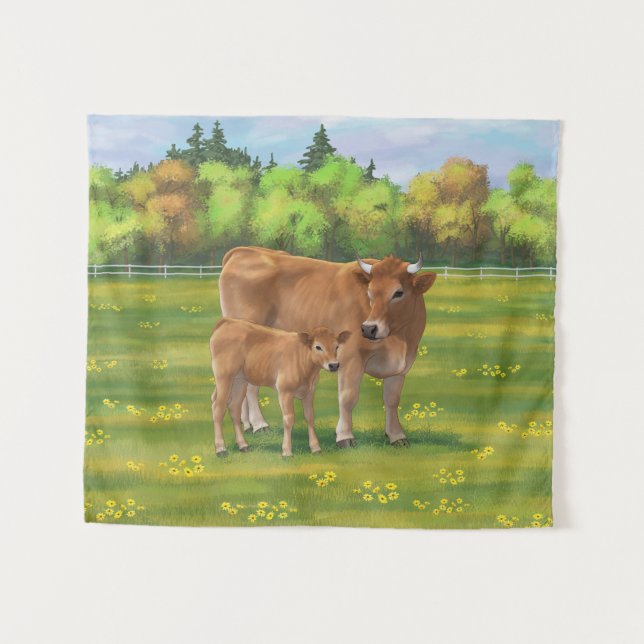 Aubrac Cow & Cute Calf in Spring Pasture Tapestry (Front (Horizontal))