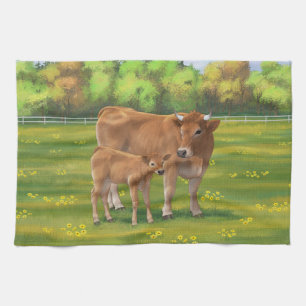 Aubrac Cow & Cute Calf in Spring Pasture Tea Towel