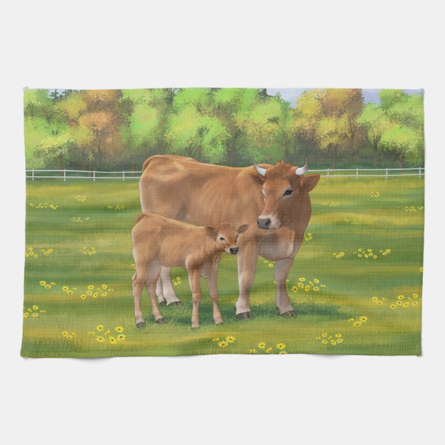 Aubrac Cow & Cute Calf in Spring Pasture Tea Towel (Horizontal)
