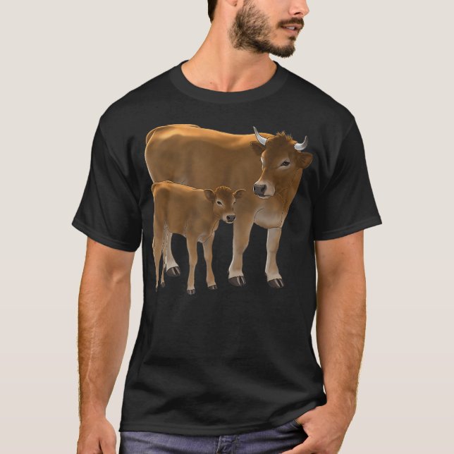 Aubrac or Jersey Brown Cow  Cute Calf Cattle Art T-Shirt (Front)