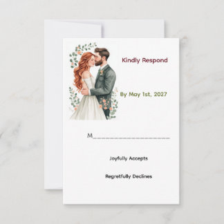 Auburn Bride and Dark Hair Beard Groom Eucalyptus RSVP Card