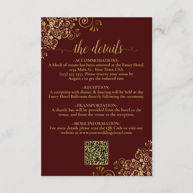Auburn Brown & Gold Chic Wedding QR Code Details Enclosure Card (Front)