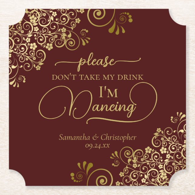 Auburn Brown & Gold Don't Take My Drink Wedding Paper Coaster (Front)