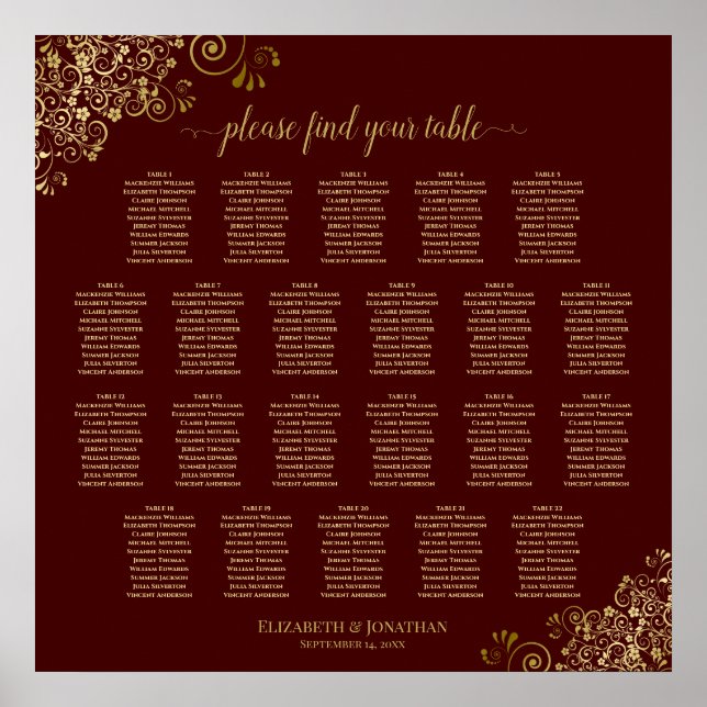 Auburn Brown & Gold Lace 22 Table Seating Chart (Front)