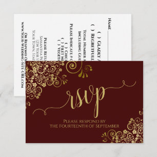 Auburn Brown & Gold Lace Calligraphy Wedding RSVP Card