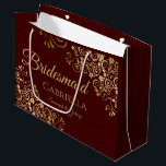 Auburn Brown & Gold Lace Elegant Bridesmaid Large Gift Bag<br><div class="desc">This beautiful gift bag is designed as a wedding gift or favour bag for Bridesmaids. It features an elegant auburn or chocolate brown and gold design with golden lace frills in the corners the text "Bridesmaid" as well as a place to enter her name, the couple's name, and the wedding...</div>