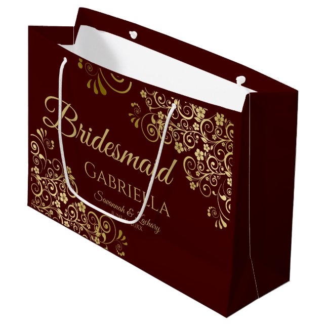 Auburn Brown & Gold Lace Elegant Bridesmaid Large Gift Bag (Front Angled)