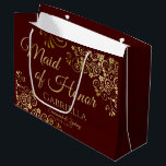Auburn Brown & Gold Lace Maid of Honour Wedding Large Gift Bag<br><div class="desc">This beautiful gift bag is designed as a wedding gift or favour bag for the Maid of Honour. It features a beautiful chocolate brown or auburn coloured background with golden faux foil lace curls and swirls in the corners. The gold script lettering reads "Maid of Honour" with a place to...</div>