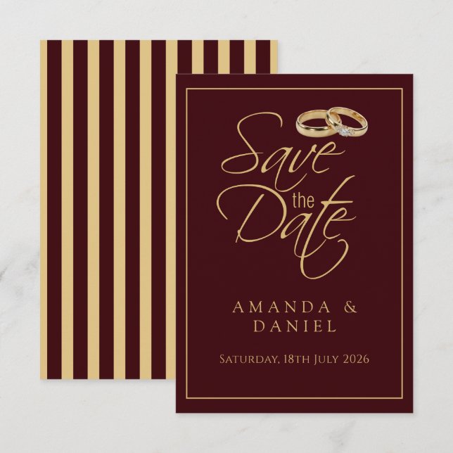Auburn Brown Gold Ring Diamond Stripes Wedding Save The Date (Front/Back)