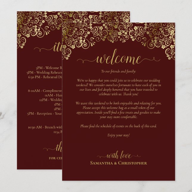 Auburn Brown & Gold Wedding Welcome & Itinerary Program (Front/Back)