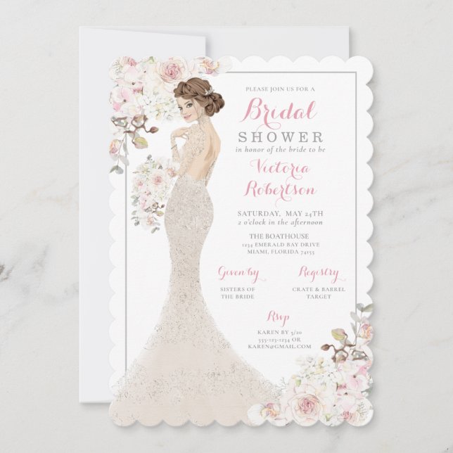 Auburn Glam Bride in Gown Bridal Shower Invitation (Front)