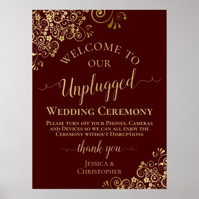Auburn & Gold Stylish Unplugged Wedding Ceremony Poster (Front)