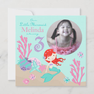 Auburn Mermaid Third Birthday Invitation