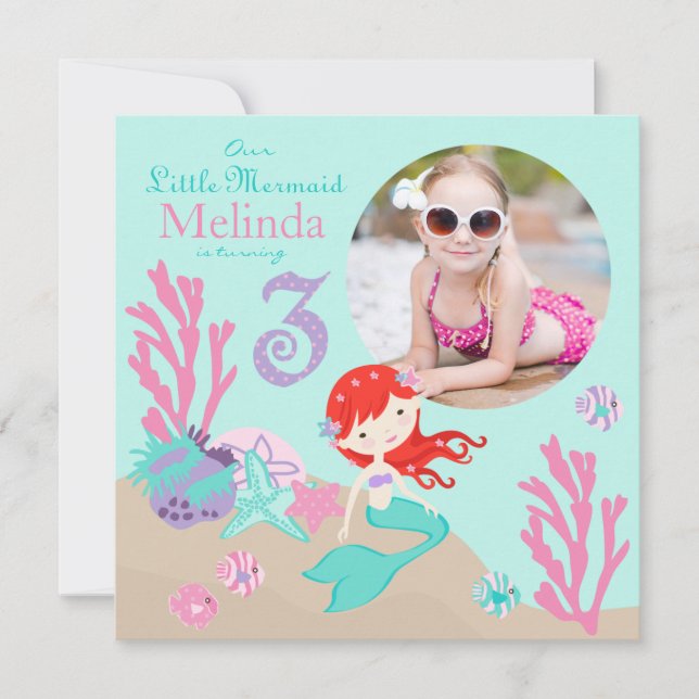Auburn Mermaid Third Birthday Invitation (Front)