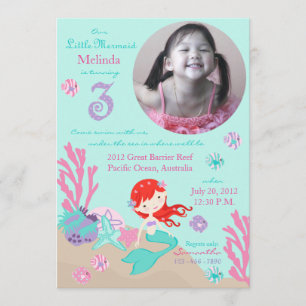 Auburn Mermaid Third Birthday Invitation