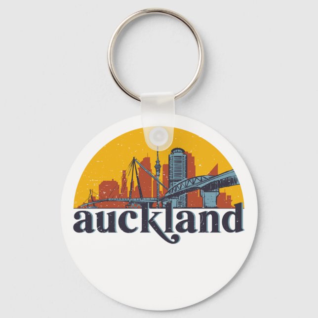 Auckland New Zealand Retro City Skyline Cityscape Key Ring (Front)
