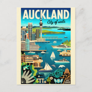 Auckland New Zealand Retro Travel Poster Art Postcard