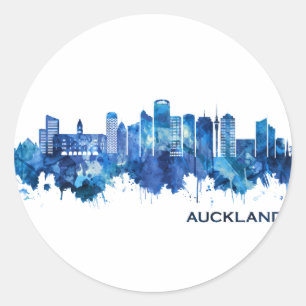 Auckland New Zealand Skyline Blue Classic Round Sticker