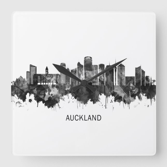 Auckland New Zealand Skyline BW Square Wall Clock (Front)