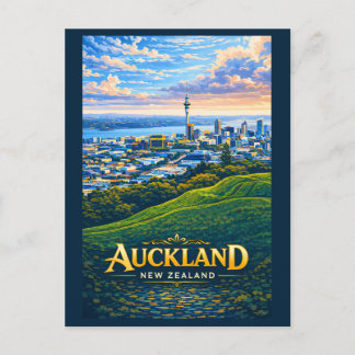 Auckland New Zealand Skyline Illustration Travel Postcard