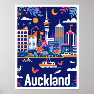 Auckland New Zealand Vintage Travel Illustration Poster