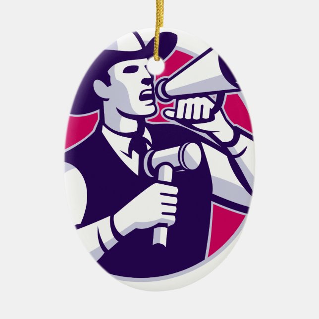 Auctioneer Cowboy With Gavel And Bullhorn Ceramic Tree Decoration (Front)