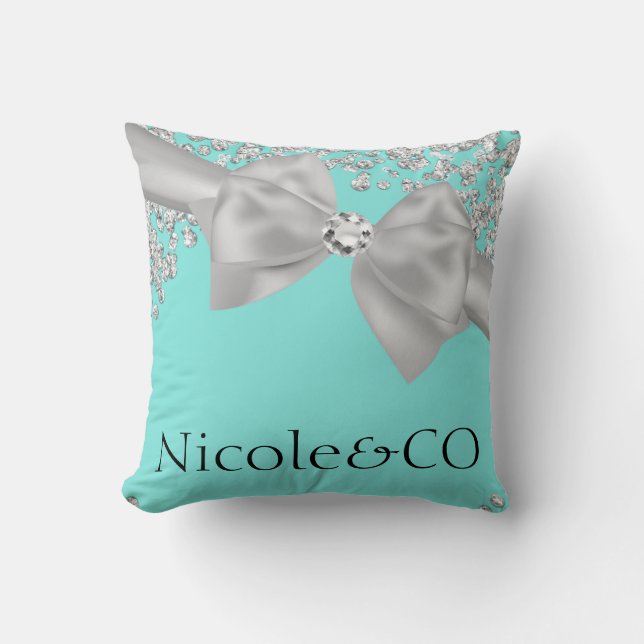 Audrey Blue Big White Bow Diamonds Glam Custom Cushion (Front)