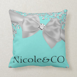 Audrey Blue Big White Bow Diamonds Glam Custom Cushion