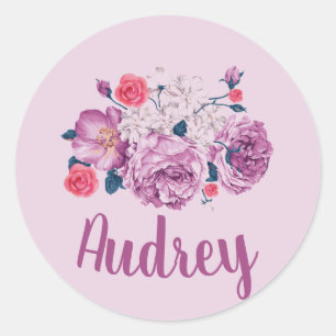 Audrey Name Floral Custom Vintage Flower Girl Classic Round Sticker