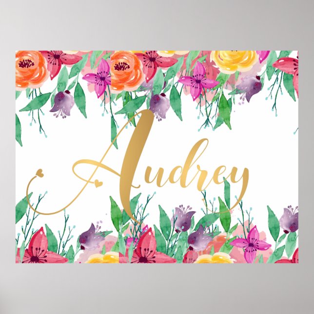 Audrey Name Sign Floral Typography Gold Calligraph (Front)