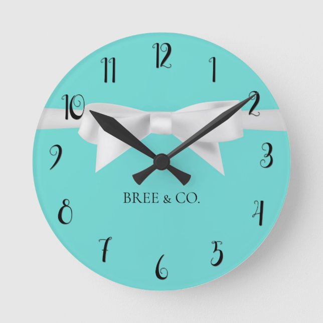 Audrey Teal White Bow Modern Glam Round Clock (Front)