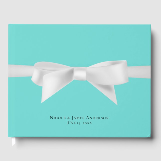 Audrey Teal White Bow Modern Glam Wedding Bridal Guest Book (Front)