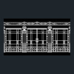 AUDREY'S ART DECO IRONWORK: WHITE on BLACK Poster<br><div class="desc">Audrey's Ironwork is the wrought iron fence and gate design from the background of our Art Deco fashion design "Audrey." The ironwork composition was created using several photos of French Art Deco ironwork pieces - fences, gates, columns, plus a stonework design from the upper edge of a building. Beautiful architectural...</div>