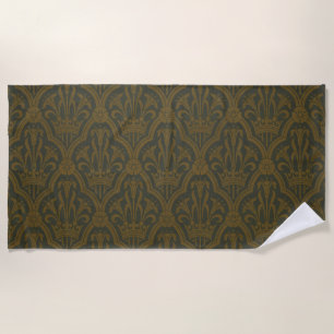 Audsley Vintage Gold Lily Crown Green Damask Art Beach Towel